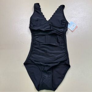 Shade & Shore Black One Piece Swimsuit Tummy Control Scallop Trim NWT XS Long